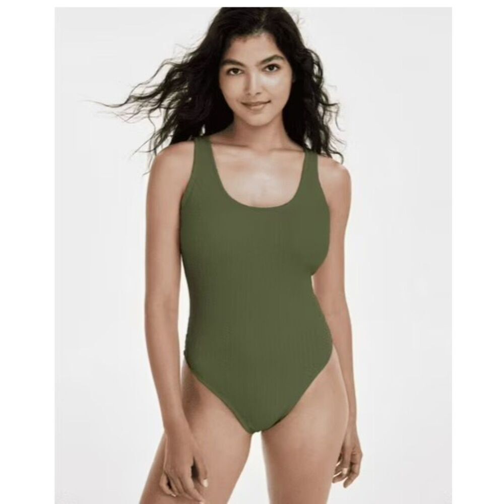 COTTON ON J Low-Back One-Piece Crinkle Swimsuit Size M KHAKI Army Green